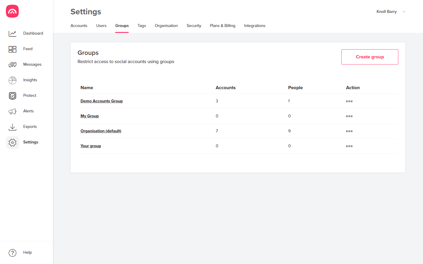 Settings → Groups screen