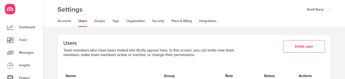 Settings → Users screen showing roles
