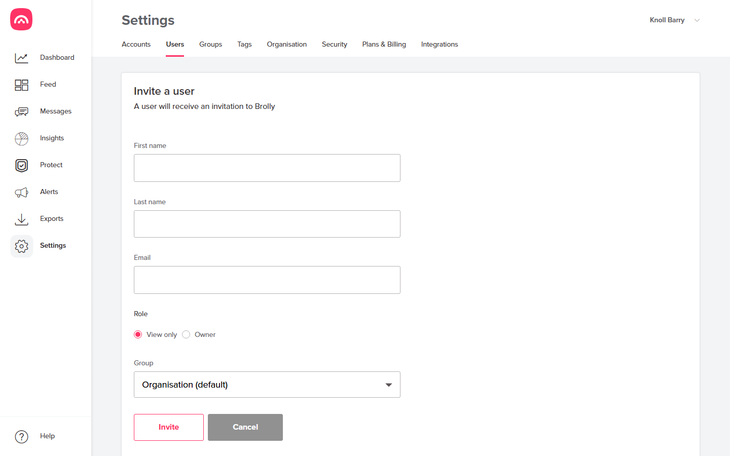 The Invite a user form