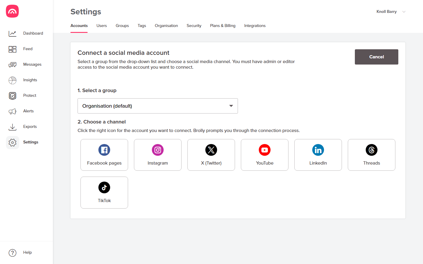 The Connect a social media account dialog