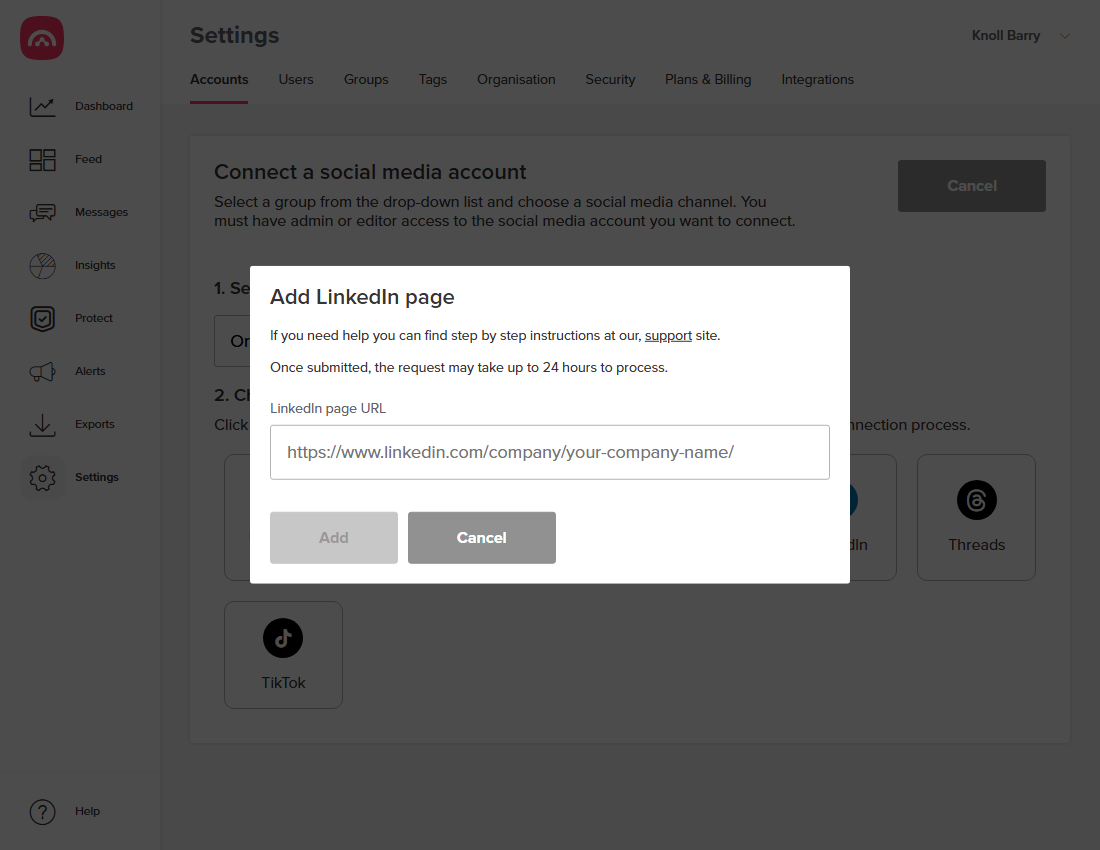 The Add LinkedIn page window