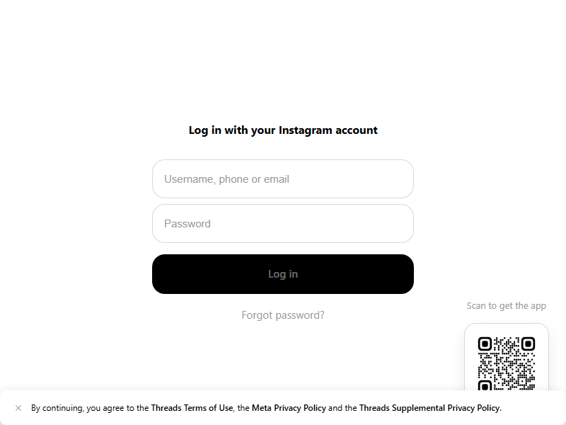 The Threads sign-in window that opens when you choose Threads