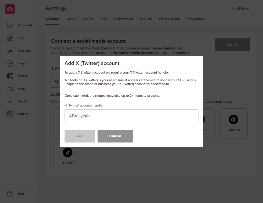 The Add X (Twitter) account window