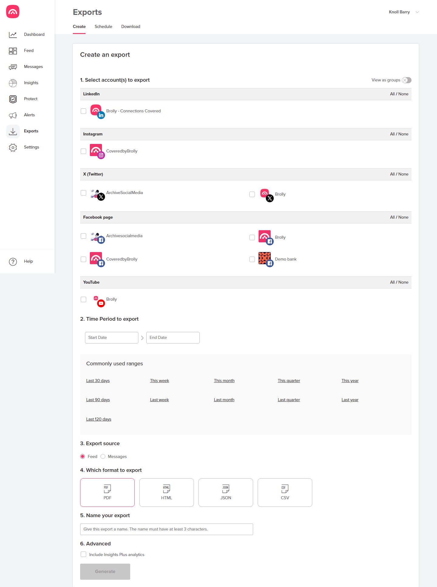 The full Create an export flow — accounts, time period, source, format, name
