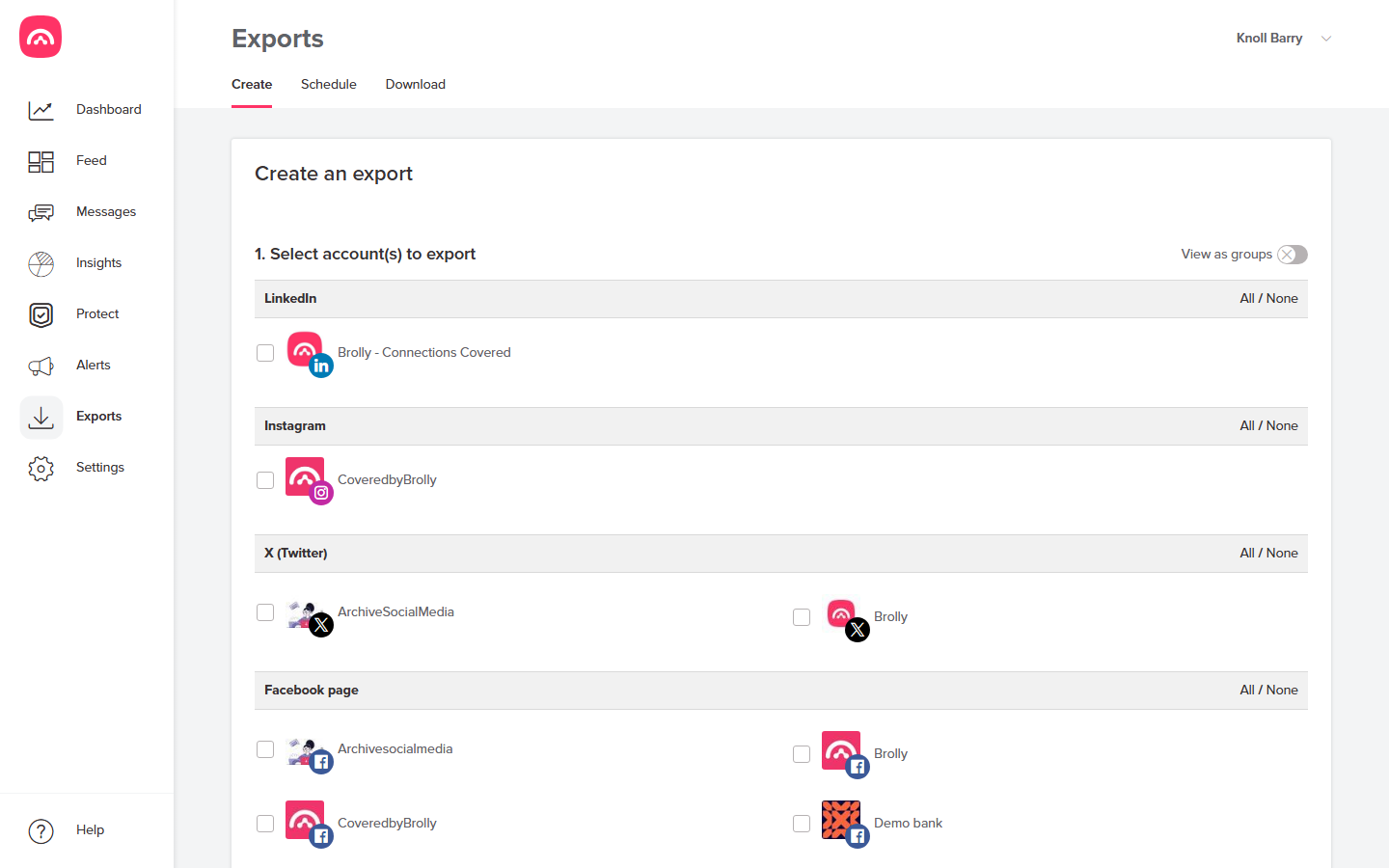 Exports → Create — choose which accounts to include