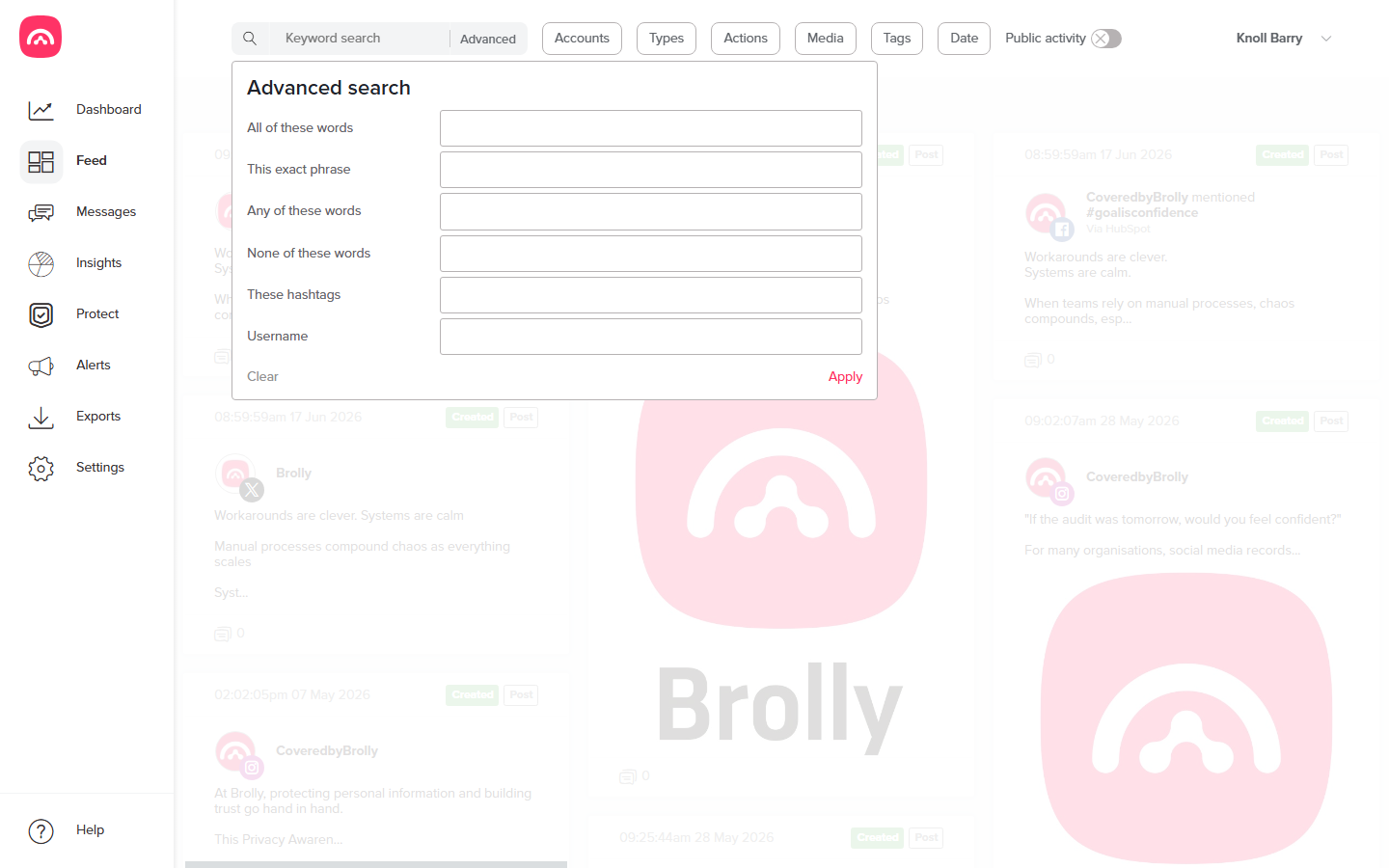 The Advanced search popover in the Feed