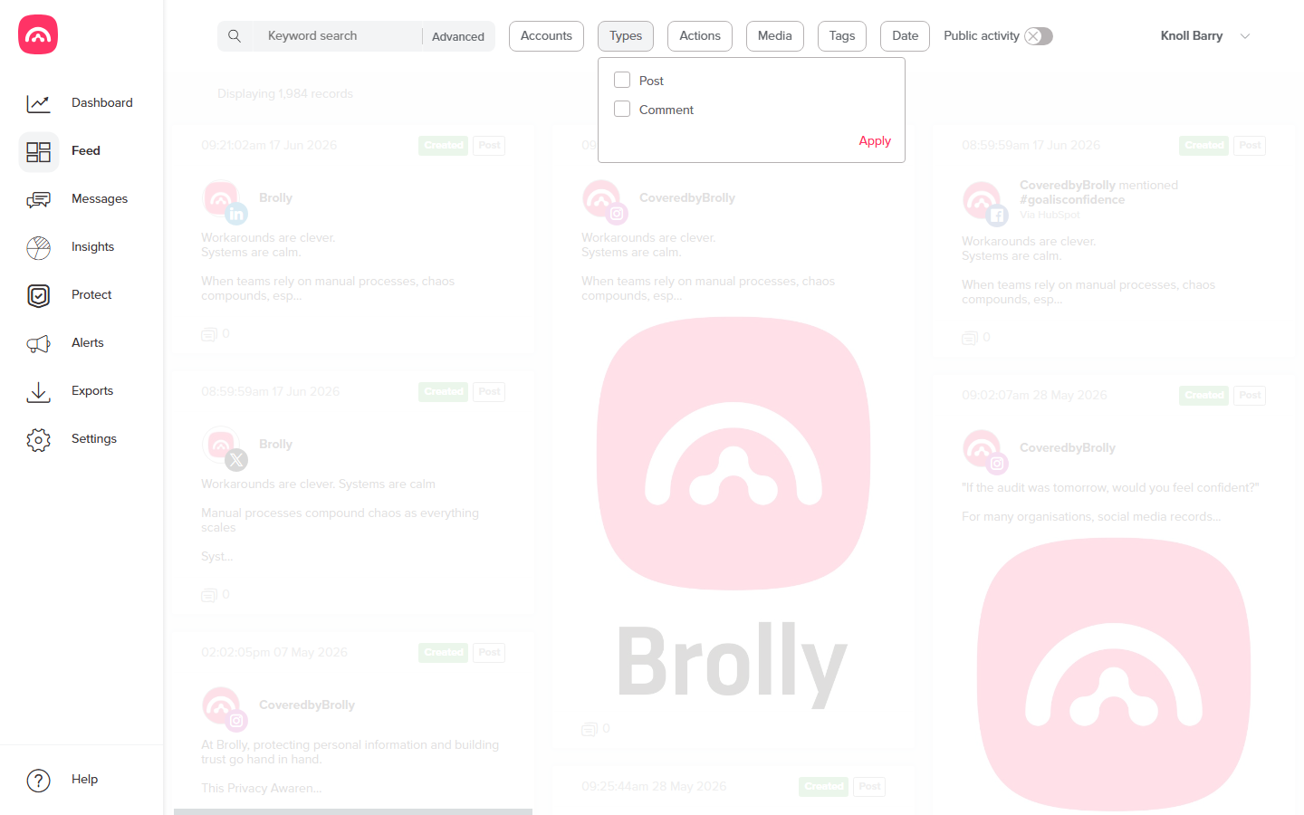 Filter buttons open into simple pickers — here, record Types