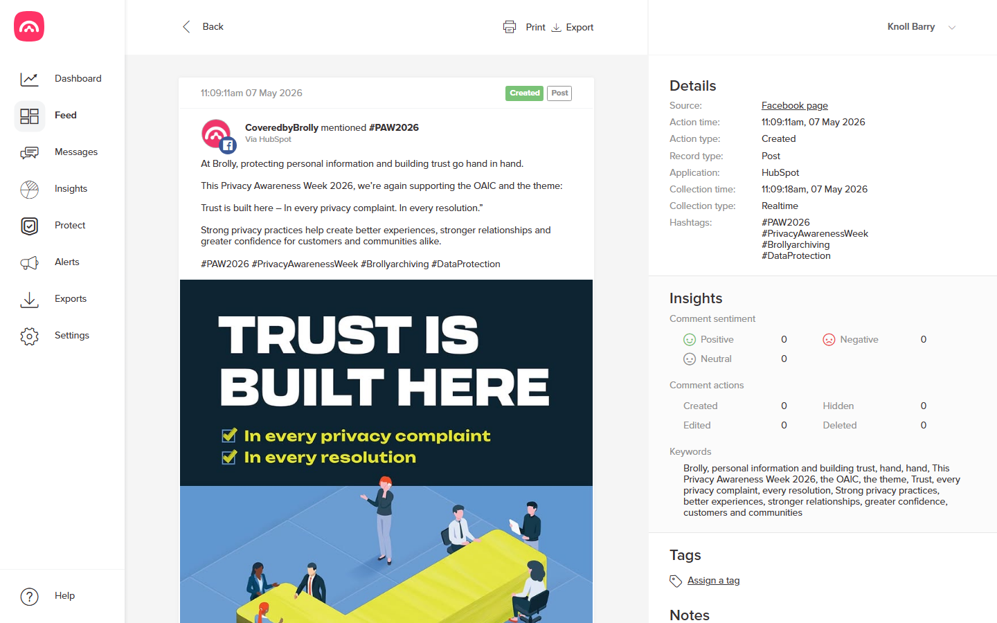 A record's detail view — content on the left, Details and Insights on the right