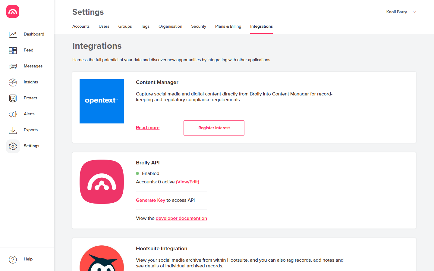 Settings → Integrations, including the Brolly API card