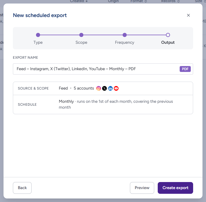 Output for a scheduled export