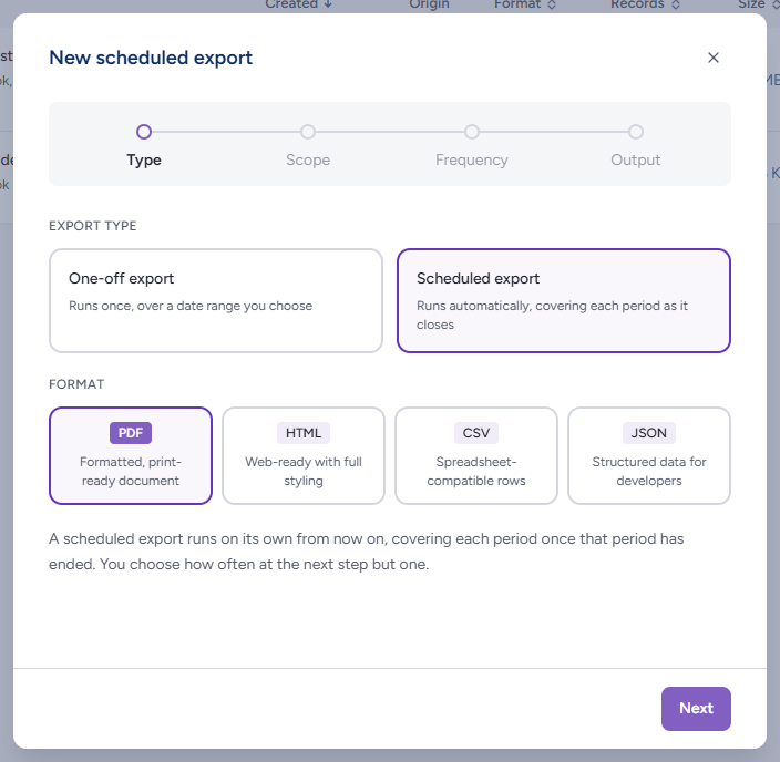 Scheduled export chosen on the Type step