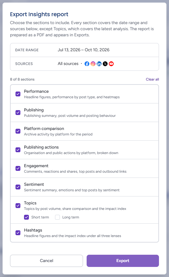 The Export Insights report dialog