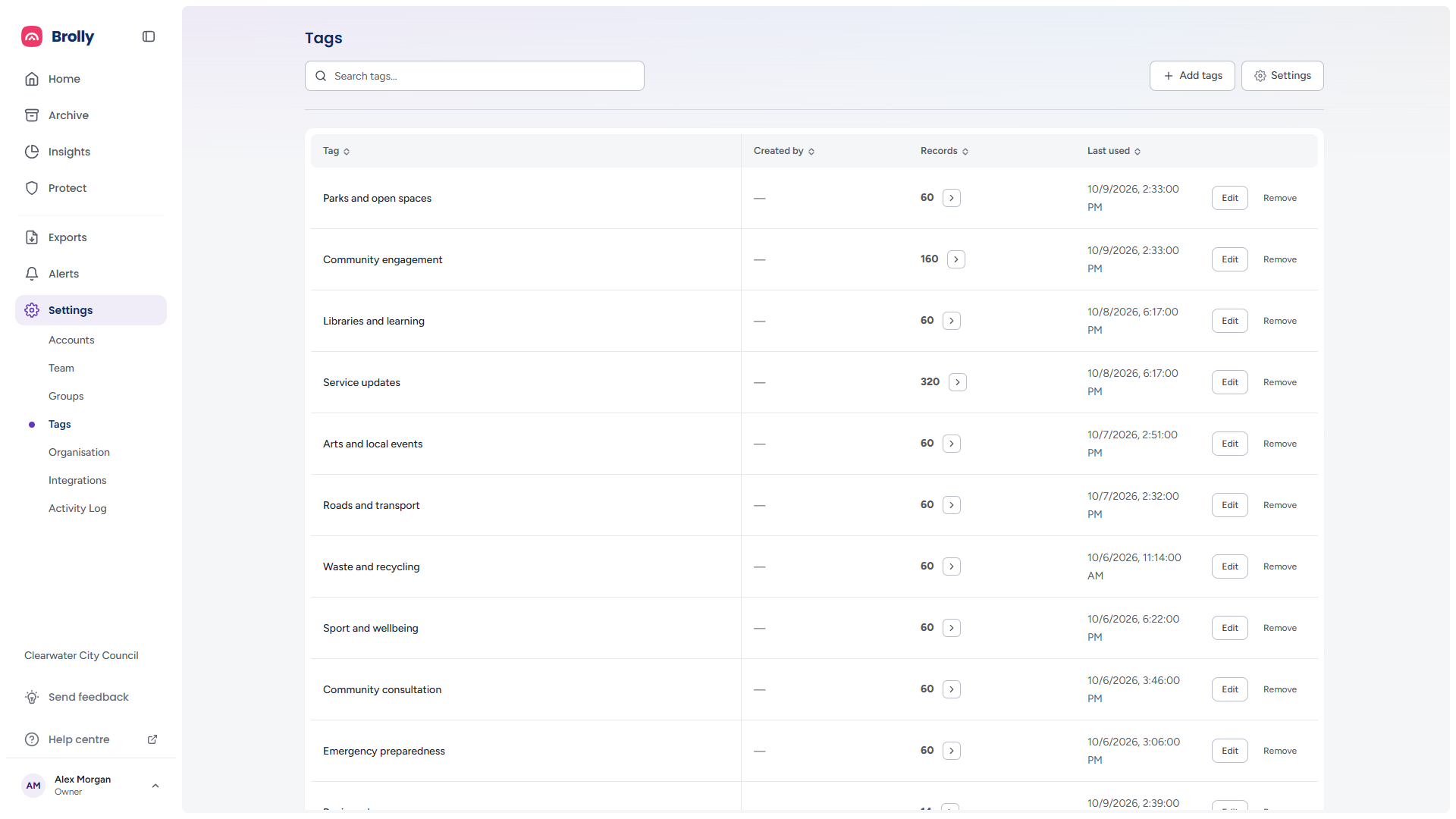 Tags page